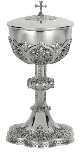 #2391 Gothic Covered Ciborium | 10 3/4", 180 Hosts | Brass and Sterling Silver | Silver Plated | 24K Gold Lined