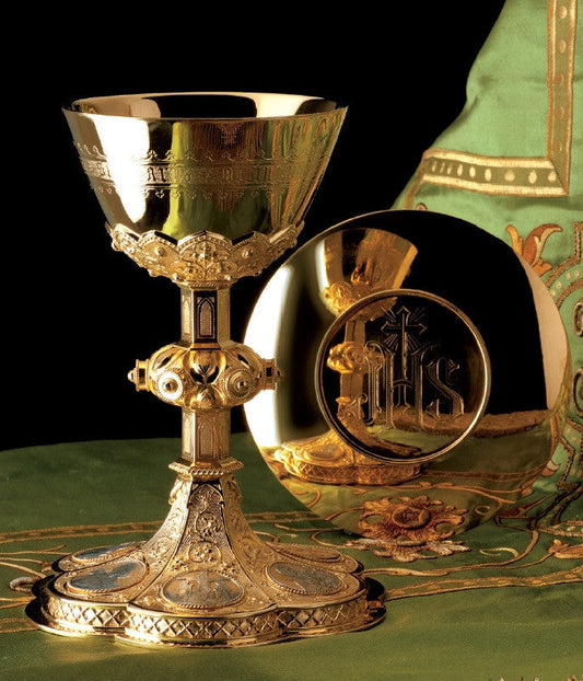 #2440 Gothic Chalice & Scale Paten | 8 3/4", 14oz. | Brass and Sterling Silver | 24K Gold Plated