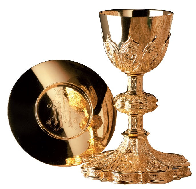#2445 Gothic Chalice & Scale Paten | 9 15/16", 14oz. | Brass and Sterling Silver | 24K Gold Plated