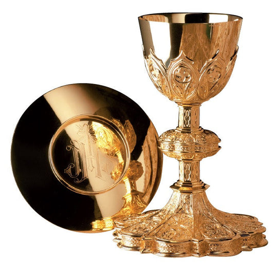#2445 Gothic Chalice & Scale Paten | 9 15/16", 14oz. | Brass and Sterling Silver | 24K Gold Plated