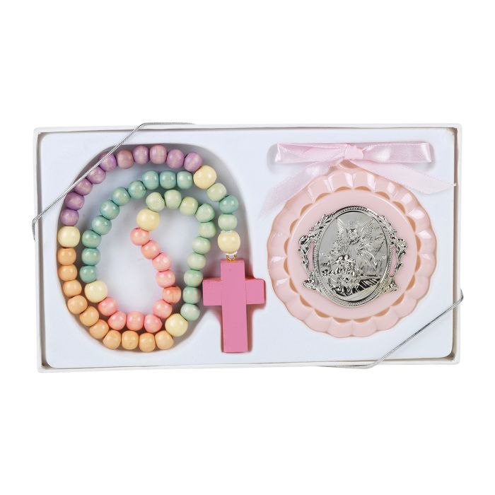 Angel Crib Medal with Pastel Wood Rosary
