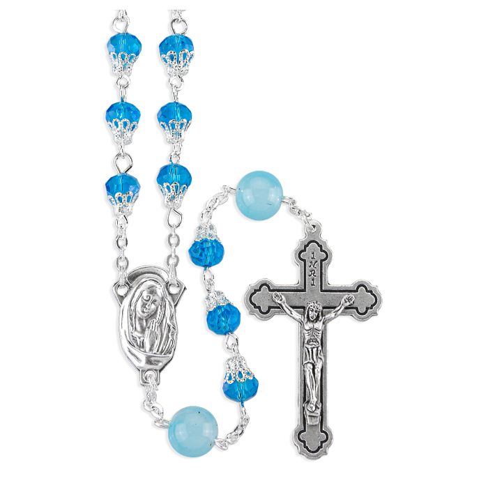 Capped Aqua Crystal Bead Rosary with Round Our Father Beads