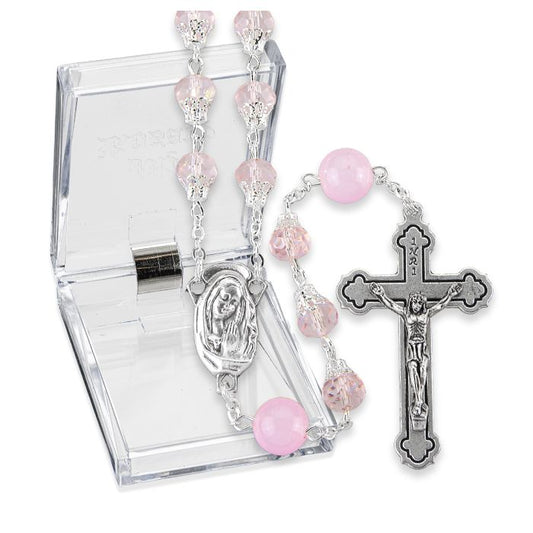 Capped Pink Crystal Bead Rosary with Round Our Father Beads