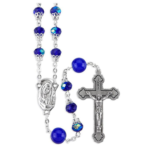 Capped Sapphire Crystal Bead Rosary with Round Our Father Beads