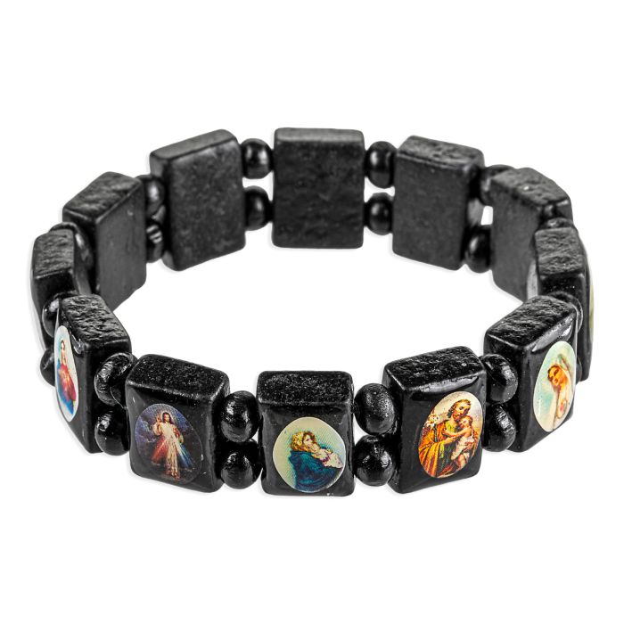 Patron Saint Picture Black Wood Bead Bracelet