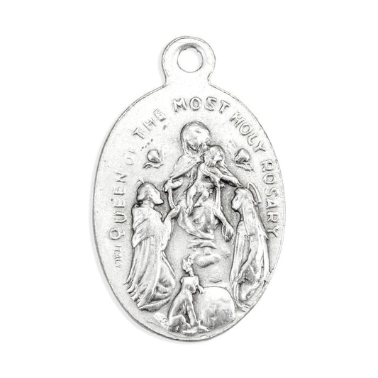 Saint Dominic and Our Lady of the Rosary - Oval Antiqued Silver Oxidized Medal