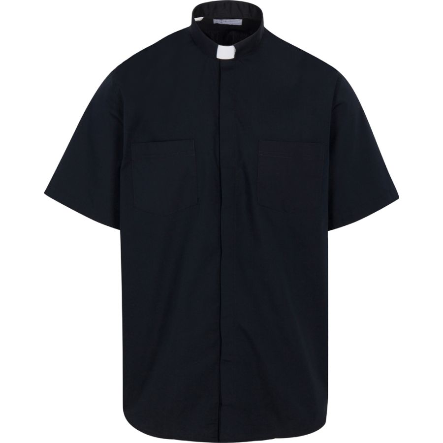 Ample Cut Black Clergy Shirt | Tab Collar | Short Sleeve | Poly/Cotton