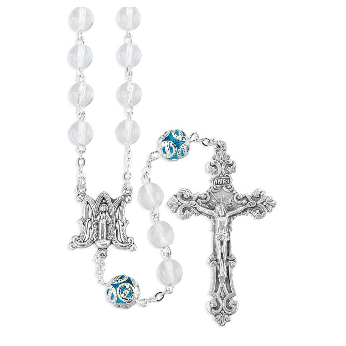 7mm Crystal Glass Bead Rosary with Capped Aqua "Our Father" Beads
