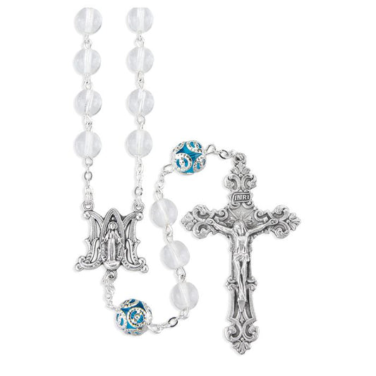 7mm Crystal Glass Bead Rosary with Capped Aqua "Our Father" Beads