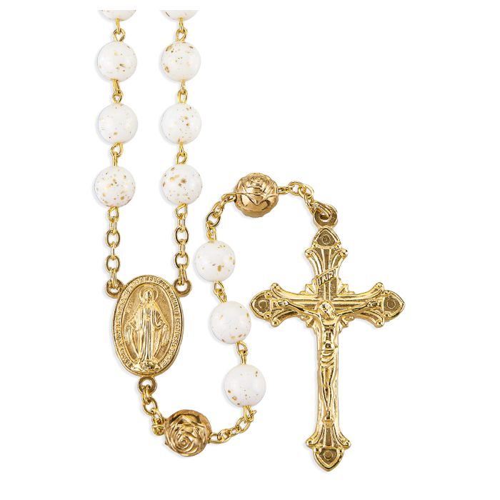 8mm Gold Speckled White Glass Bead Rosary