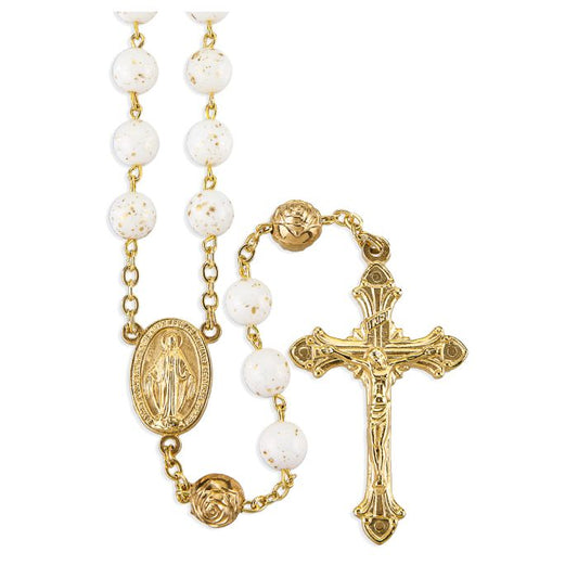 8mm Gold Speckled White Glass Bead Rosary