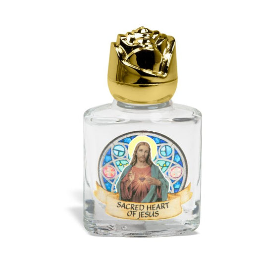 Glass Sacred Heart Holy Water Bottle with Gold Rose Cap
