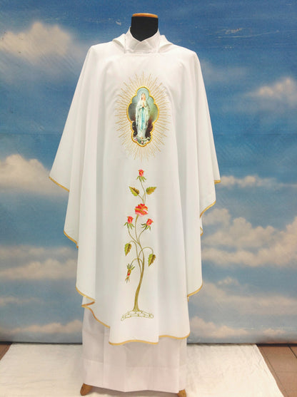 Printed Marian Our Lady of Lourdes Chasuble | Square Collar | 100% Poly