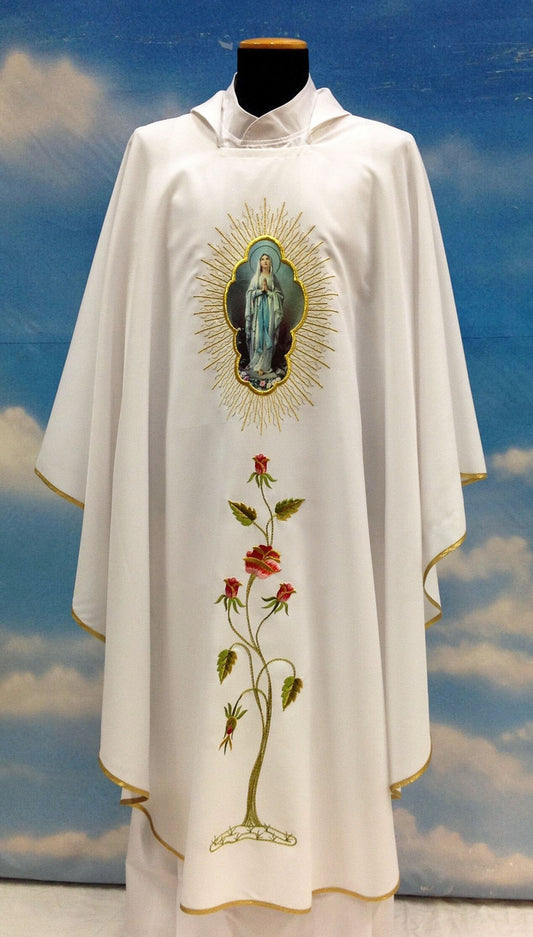 Printed Marian Our Lady of Lourdes Chasuble | Square Collar | 100% Poly
