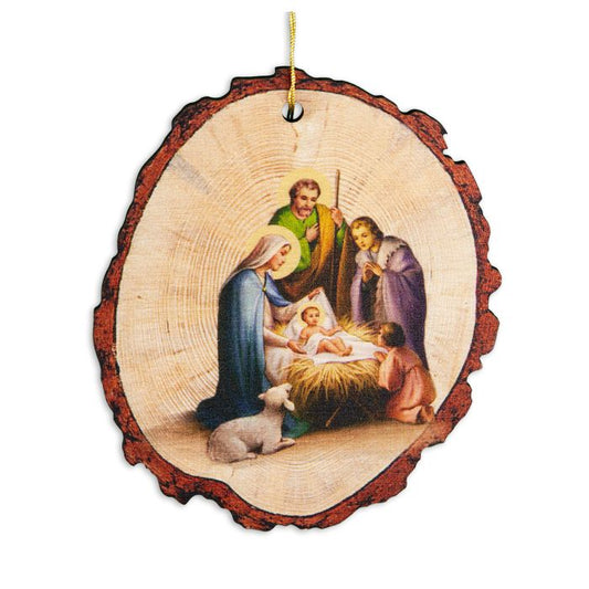 Wood Log Holy Family with Shepherds Christmas Ornament