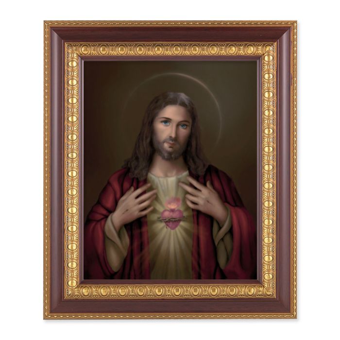 Cherry Frame with Gold Trim and Sacred Heart of Jesus Print