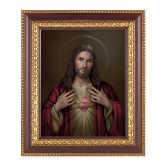 Cherry Frame with Gold Trim and Sacred Heart of Jesus Print