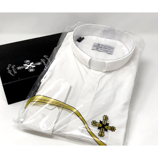Ample Cut White Clergy Shirt | Tab Collar | Long Sleeve | Poly/Cotton