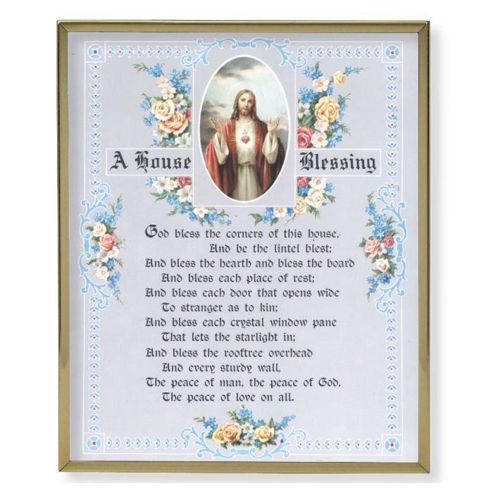 Gold Plaque Frame with a House Blessing- Sacred Heart of Jesus Print
