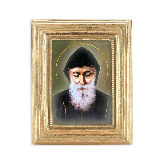 St. Charbel Gold Frame with Gold Stamped Print | 3 3/4" x 4 1/2"