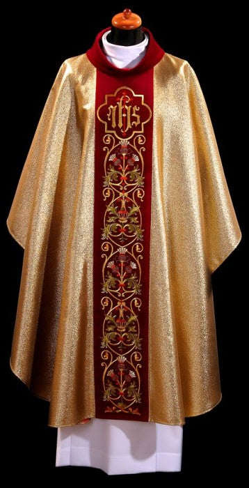 Ornate IHS Embroidered Velvet-Panel Chasuble | 100% Polyester | All Colors | Made in Poland