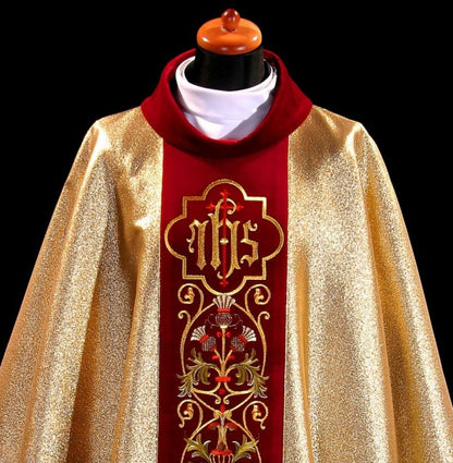 Ornate IHS Embroidered Velvet-Panel Chasuble | 100% Polyester | All Colors | Made in Poland