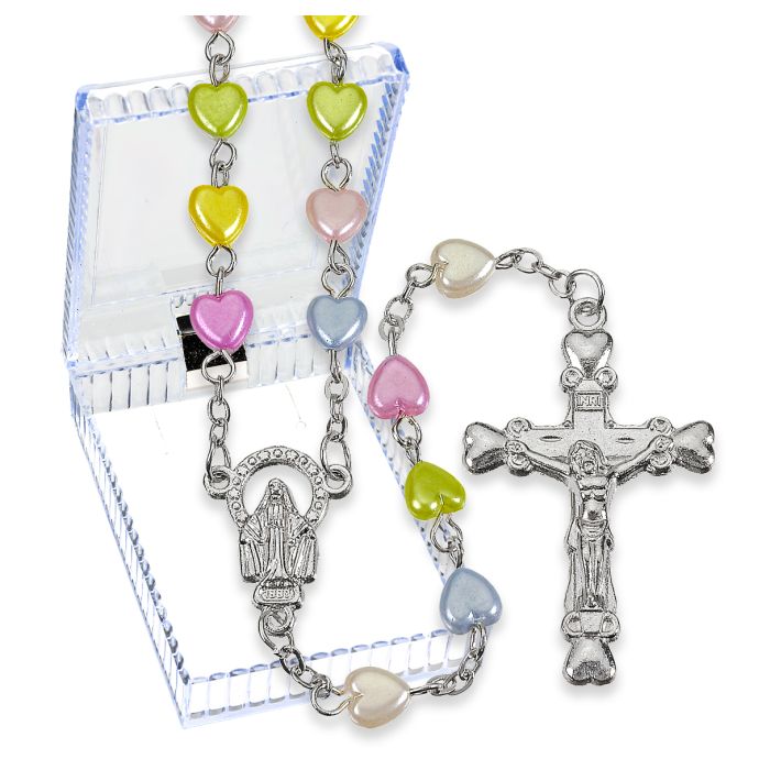 Pearlized Heart Shaped Bead Rosary, Boxed