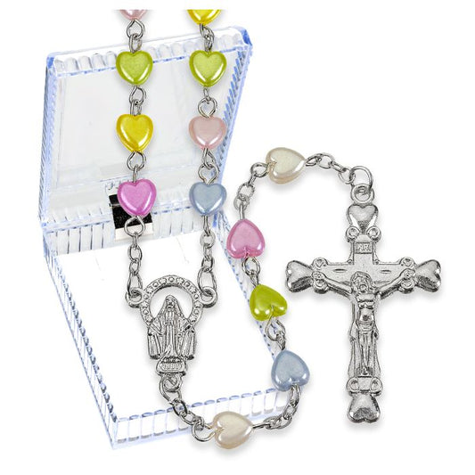Pearlized Heart Shaped Bead Rosary, Boxed