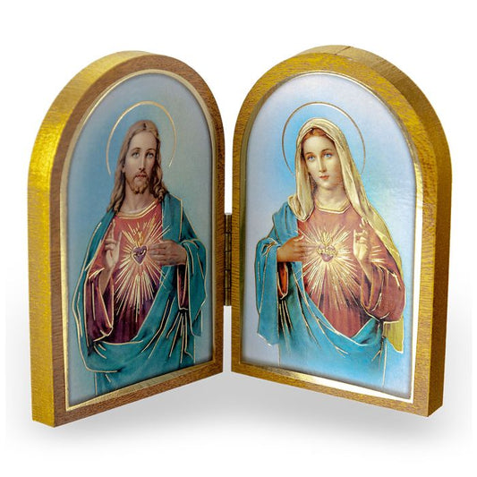 Sacred Heart and the Immaculate Heart Standing Natural Wood Diptych