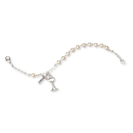 5mm White Imitation Pearl Bead Rosary Bracelet with Charms