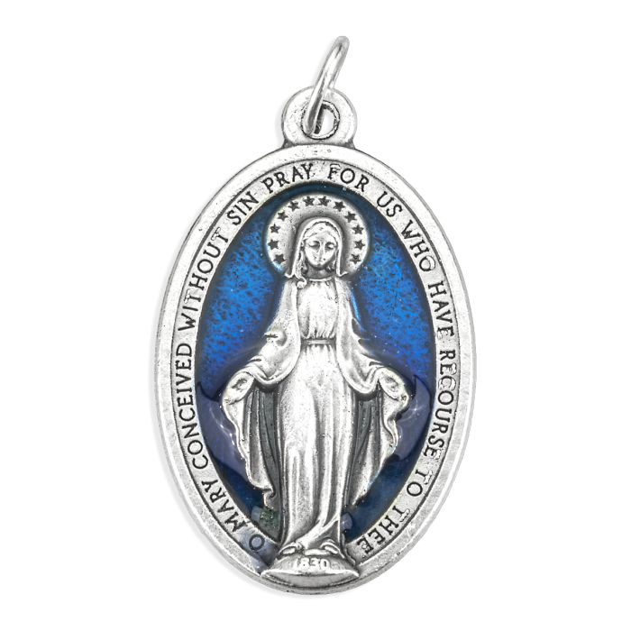 Miraculous Medal in Antiqued Silver Finish with Blue Epoxy