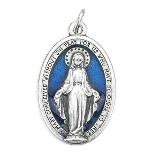 Miraculous Medal in Antiqued Silver Finish with Blue Epoxy