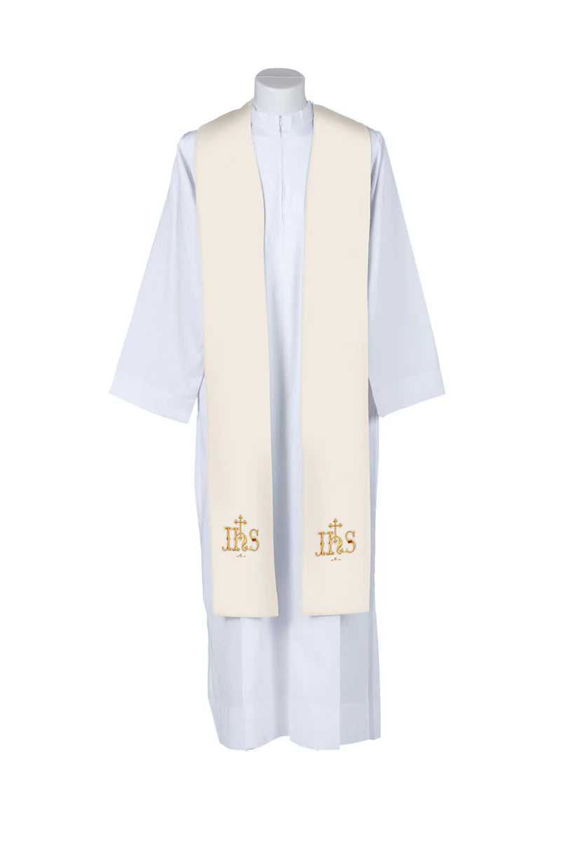 #PEL108 Overlay Stole with Gold Embroidery IHS and Cross