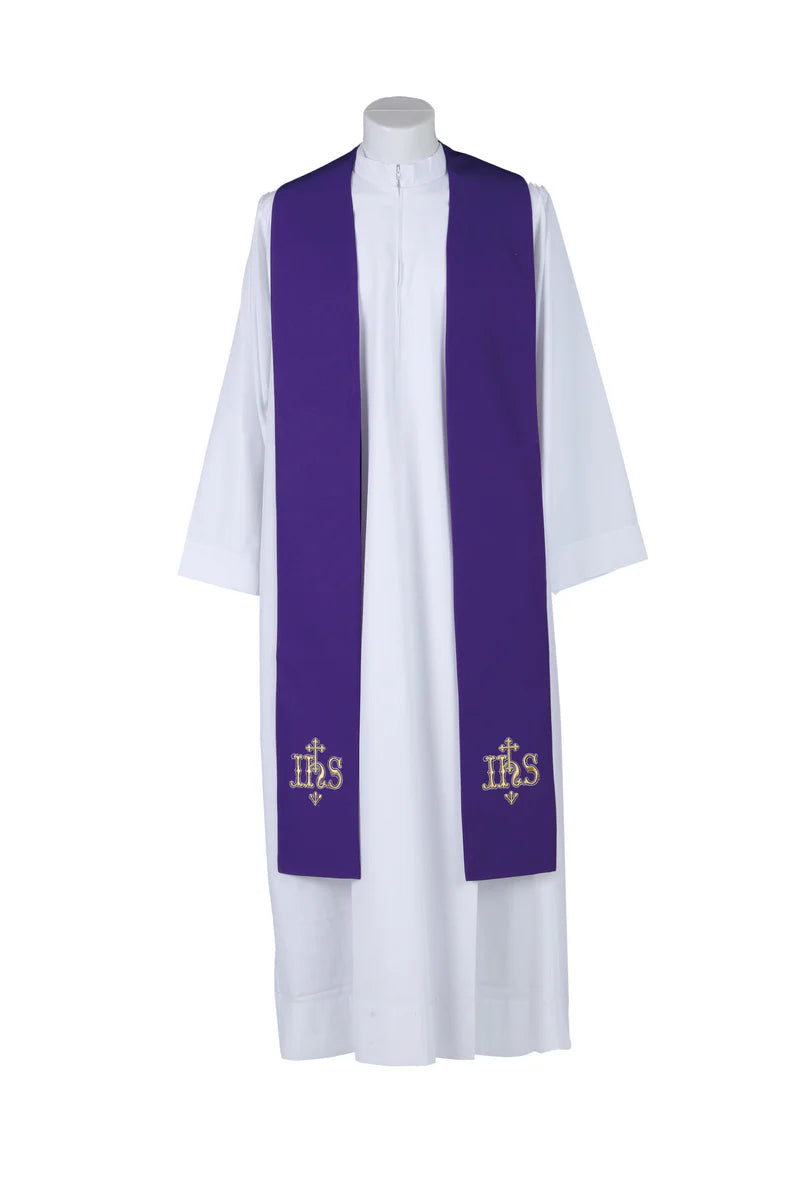 #PEL108 Overlay Stole with Gold Embroidery IHS and Cross