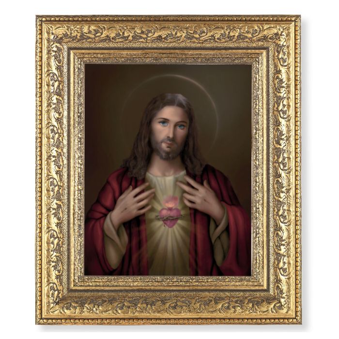 Ornate Gold Leaf Antique Frame with Sacred Heart Print