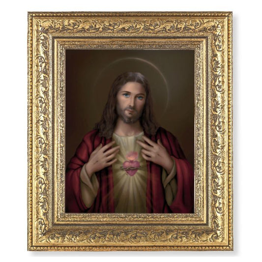 Ornate Gold Leaf Antique Frame with Sacred Heart Print