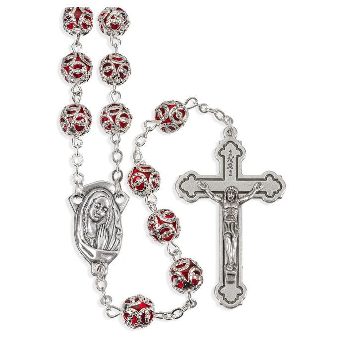 Filigree Capped Ruby Bead Rosary