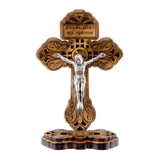 Standing Olive Wood Pardon Crucifix with Silver Oxidized Corpus