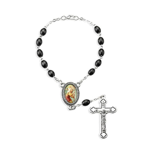 St. Christopher Black Wood Bead Auto Rosary