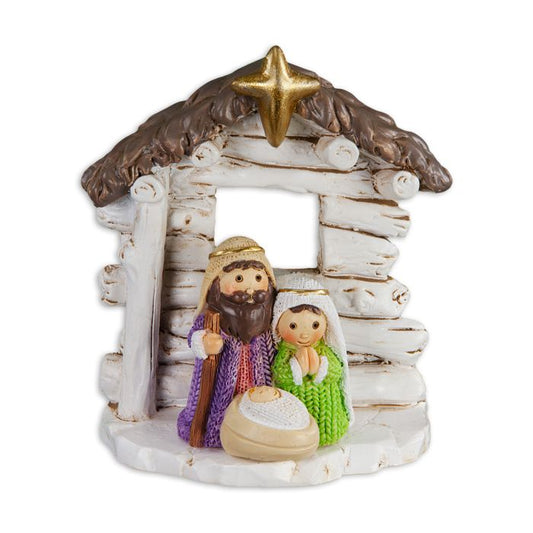 Holy Family in White Log Stable Statuette