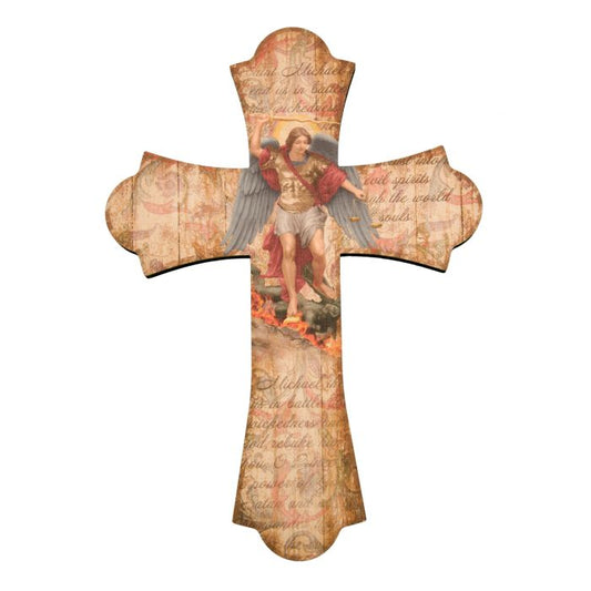 Saint Michael Laser Cut Wood Vintage Cross