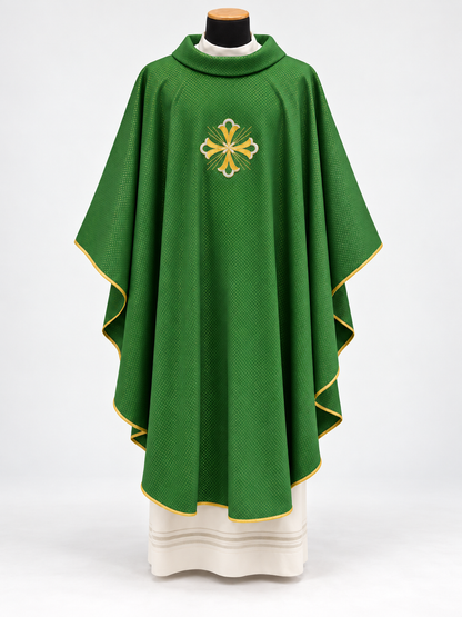 Embroidered Fleury Cross Chasuble | Roll Collar | Wool/Gold Thread | All Colors