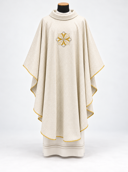 Embroidered Fleury Cross Chasuble | Roll Collar | Wool/Gold Thread | All Colors