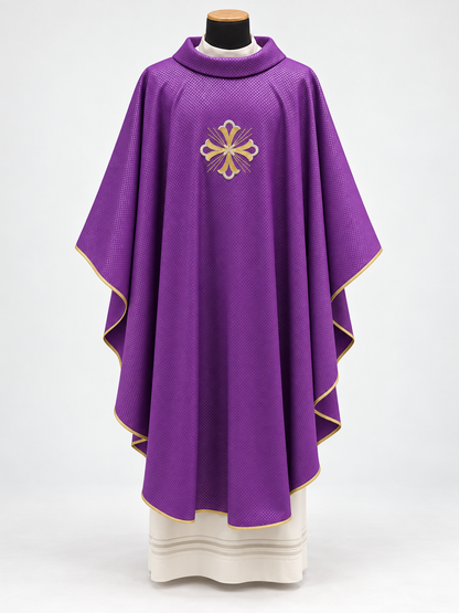 Embroidered Fleury Cross Chasuble | Roll Collar | Wool/Gold Thread | All Colors