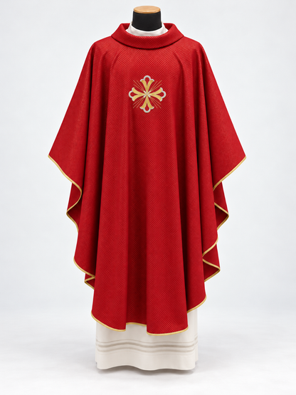 Embroidered Fleury Cross Chasuble | Roll Collar | Wool/Gold Thread | All Colors