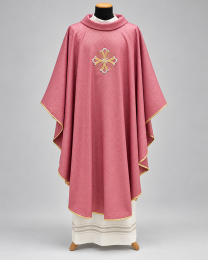 Embroidered Fleury Cross Chasuble | Roll Collar | Wool/Gold Thread | All Colors
