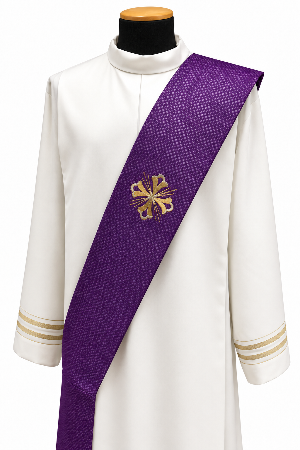 Embroidered Fleury Cross Deacon Stole | Wool/Gold Thread | All Colors