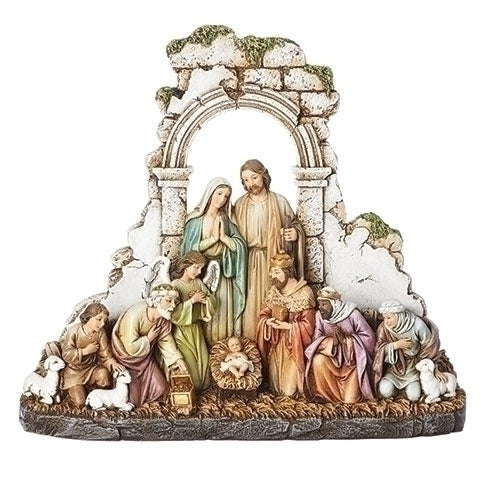 8.5" Kneeling Nativity With Stone Backdrop