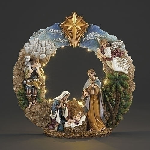 17" Lighted Nativity Wreath Figure