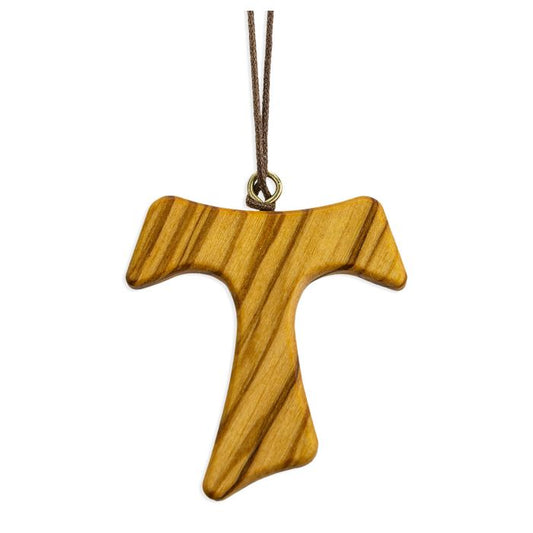 2" Wood Tau Cross on Brown Cord